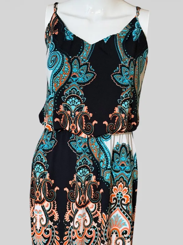 S-Twelve Black Maxi Dress with Teal & Coral Paisley - Image 2