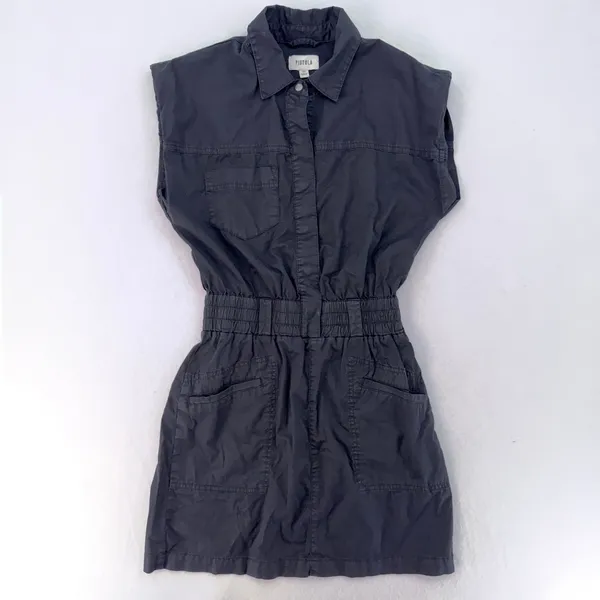 PISTOLA Rosie Black Utility Mini Shirt Dress Snap Front Elastic Waist Size XS - Image 2