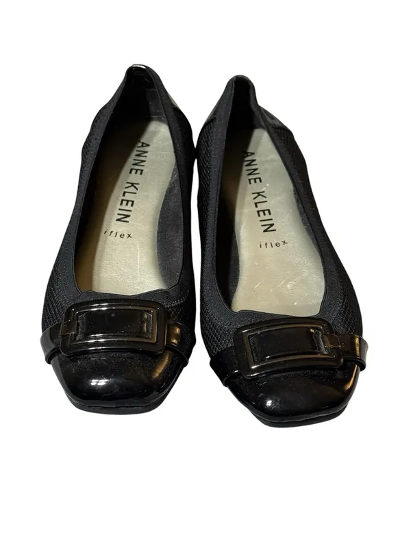 Anne Klein Sport 10M Black Fabric Patent Cap Toe Buckle Low Wedge Ballet Flat - Image 2