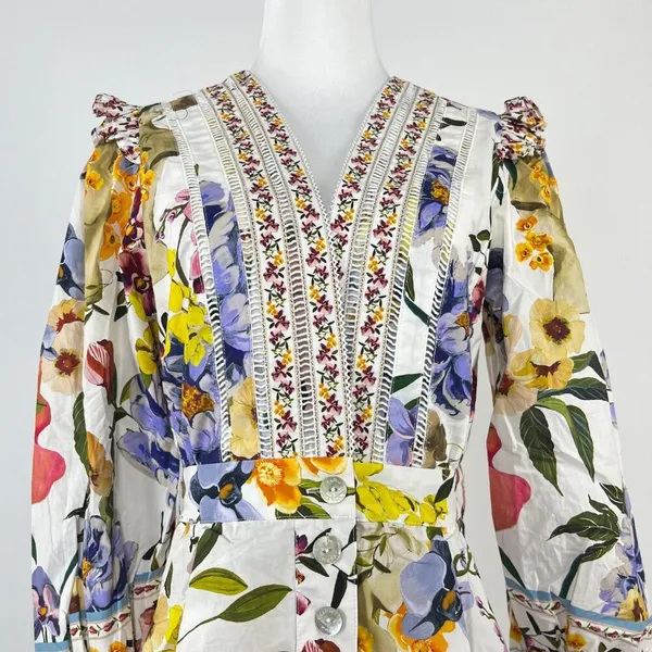 NWOT Farm Rio Greek Garden Long Sleeve Plunge Neck Cotton Romper Size XS - Image 5