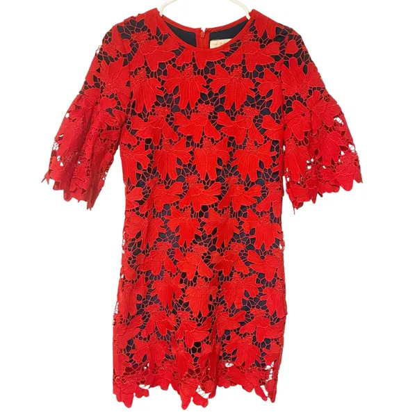 Tory Burch Nicola Guipure Lace Dress Red‎ Lined Size 2 Short Sleeve - Image 3