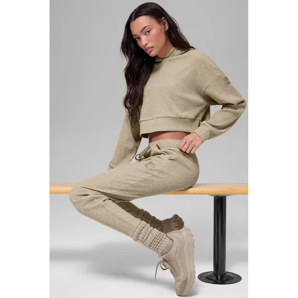 Alo Yoga Muse Ribbed Cropped Hoodie Beige Tan Pullover Sweatshirt Womens‎ - Image 7