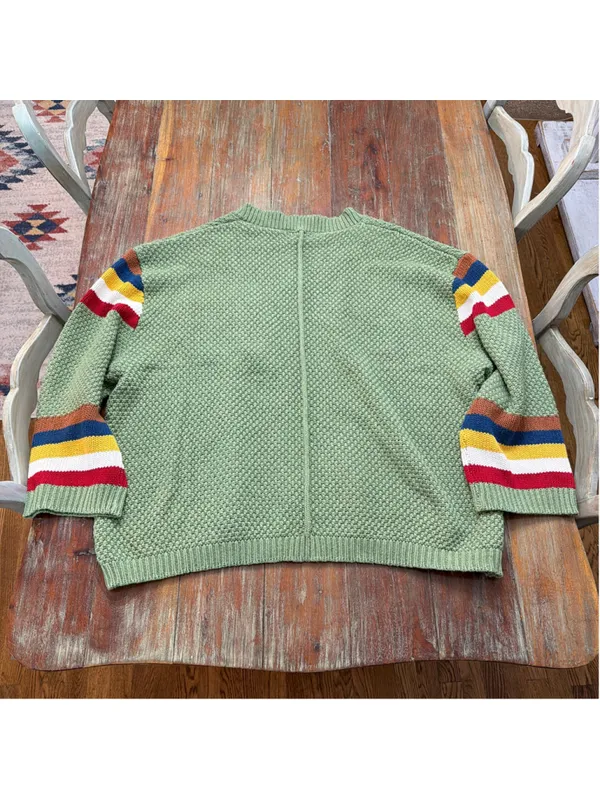 POL Sage Green Chunky Knit V-Neck Sweater Rainbow Stripe Sleeves Pocket M - Image 11