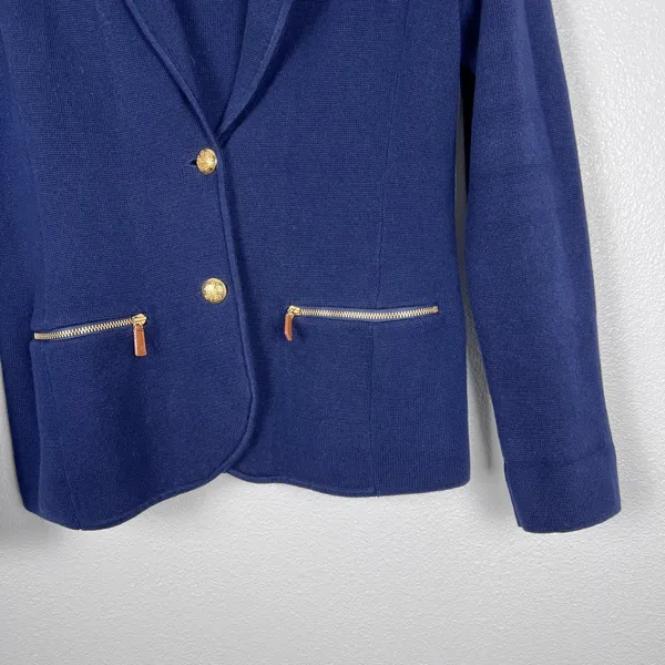 Lauren Ralph Lauren Women‎ Navy Knit Cotton Blazer Gold Button Jacket PS - Image 4
