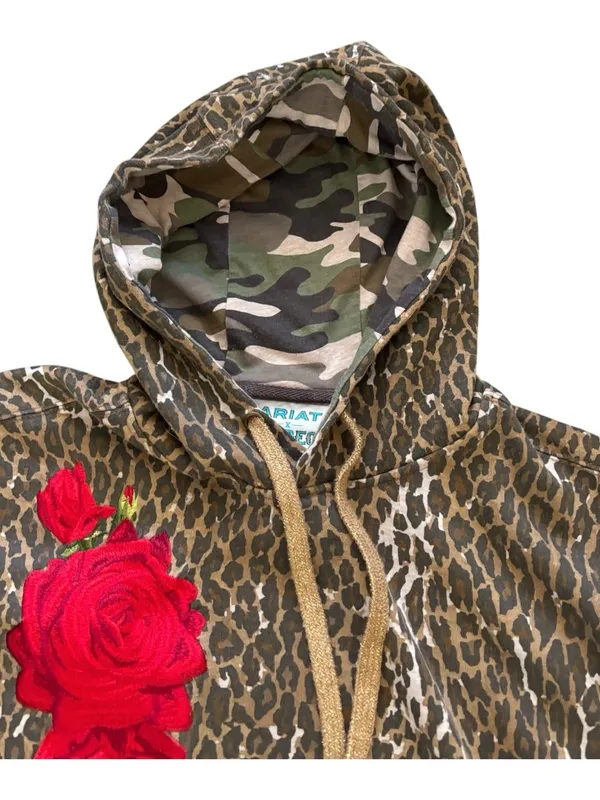 Ariat x Rodeo Quincy Hoodie XL Leopard Print Camo & Embroidered Rose Logo Sleeve - Image 5