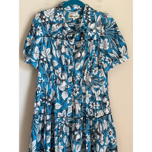 Diane von Furstenberg Queena Blue Floral Midi Shirt Dress Poplin Luxe L - Image 4