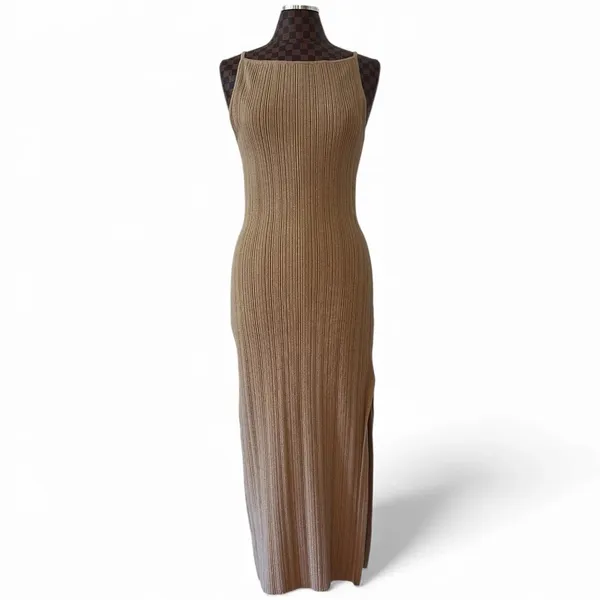 Abercrombie & Fitch Sleeveless Ribbed Knit Maxi Dress M Tan Minimal Old Money - Image 2