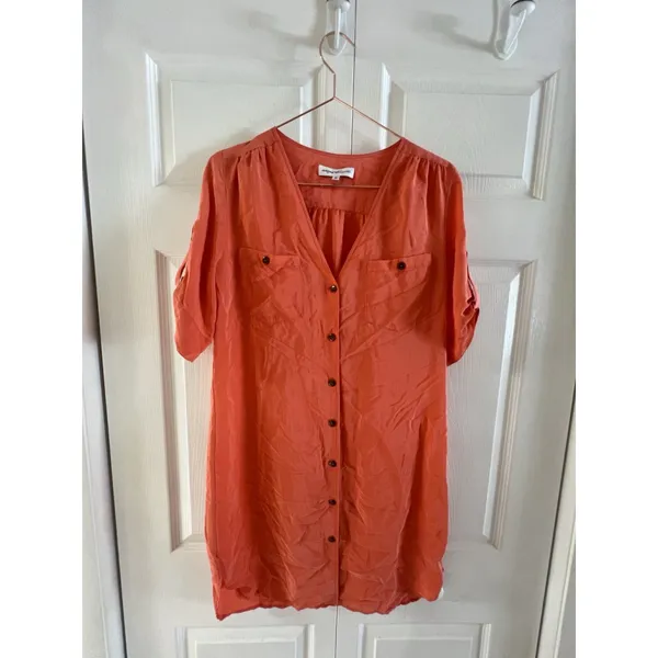 Amanda Uprichard Silk‎ Orange Shirt Dress Short Sleeve Size S Short Sleeves - Image 2