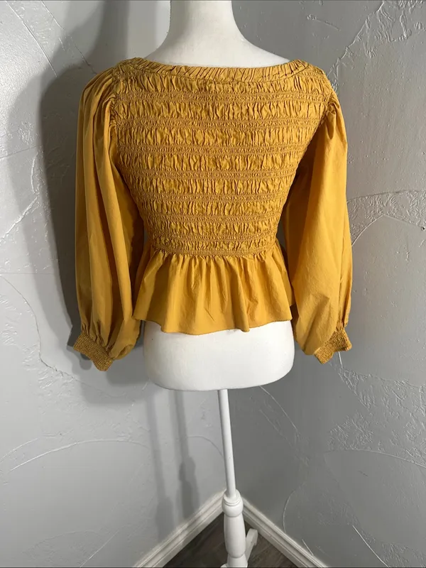 Free People mustard Yellow Smocked Peplum Blouse. - Image 7