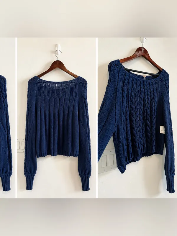 Free People Cable Stitch Pullover Sweater in Blue Sz M - Image 4