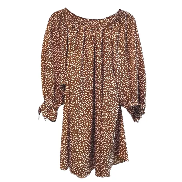 Paisley Vine Tunic Top Brown Boho Smocked Neck Tie Cuff Polka‎ Dot Womens Large - Image 5
