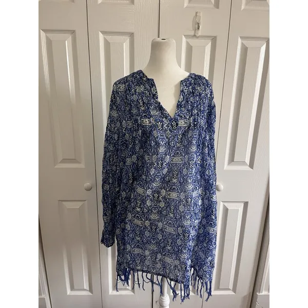 Roller Rabbit Longline Printed Tunic Top Blue/White Size Small - Image 2