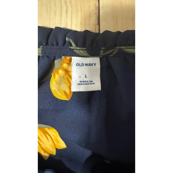 Old Navy Women Navy Blue‎ Floral Ruffle Tie Neck Peplum Long Sleeve Blouse Large - Image 2