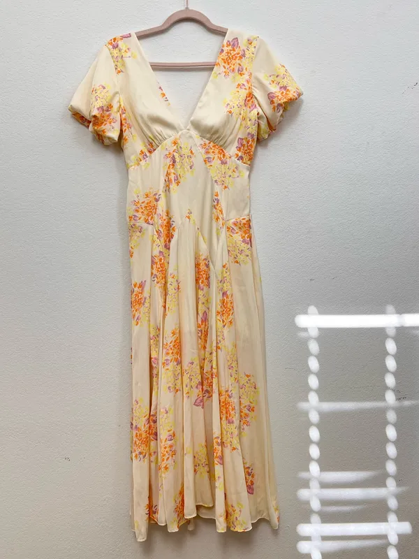 Free People Laura Yellow Floral Print Midi Dress Women's Small Boho Romantic - Image 4