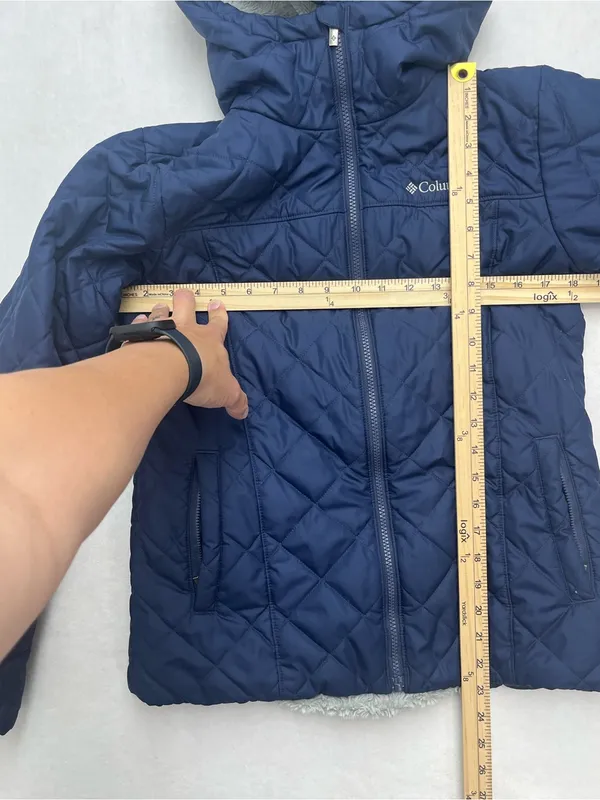 Columbia Womens Blue Navy Quilted Fleece Lined Full Zip Hooded Jacket Coat Small - Image 9