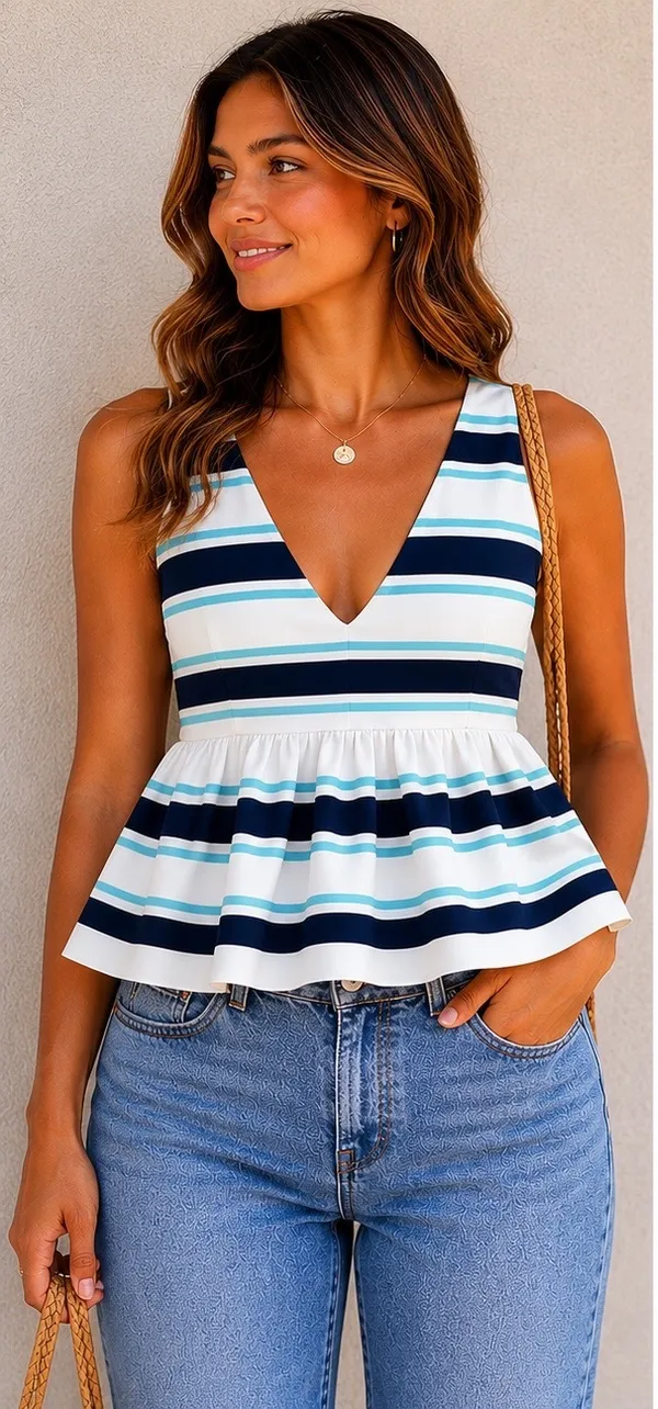 Zara Blue Aqua Stripe Peplum Tank Top Size Small - Image 2