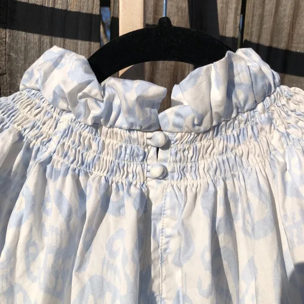 Toss Designs Cotton Puff Sleeve White/Blue Print Blouse Top One Size - Image 9