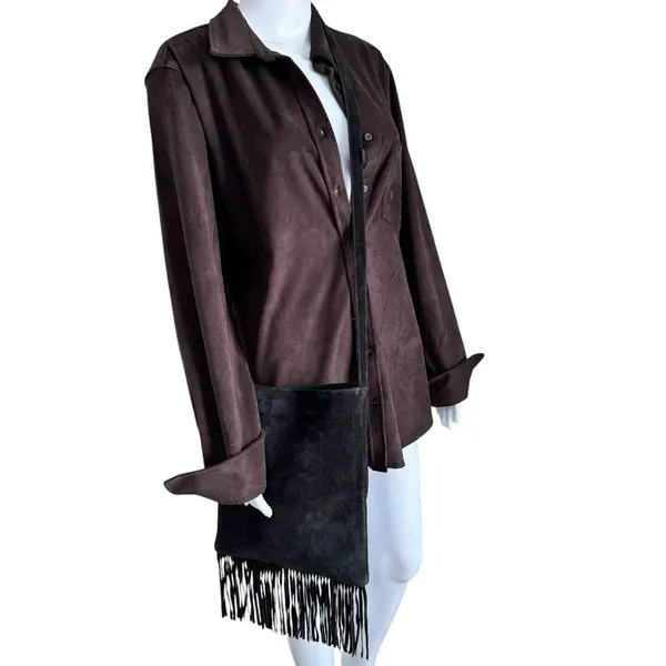 Black Suede Fringe Crossbody Bag Purse - Image 2