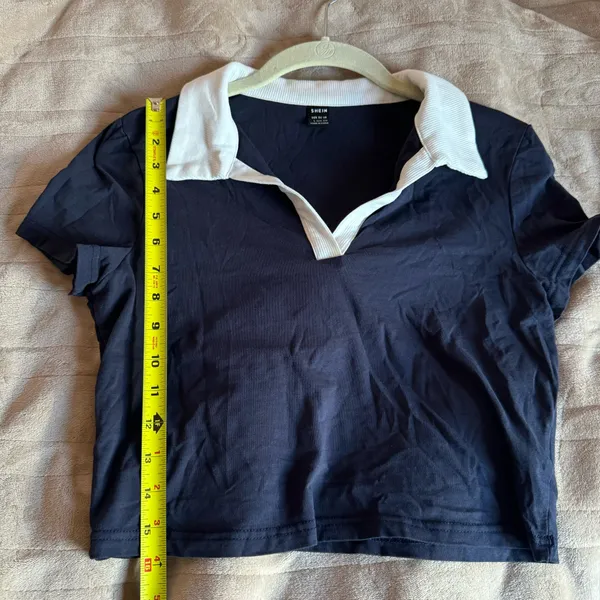 SheIn Navy Blue & White Cropped Cotton Polo T-Shirt - Image 7