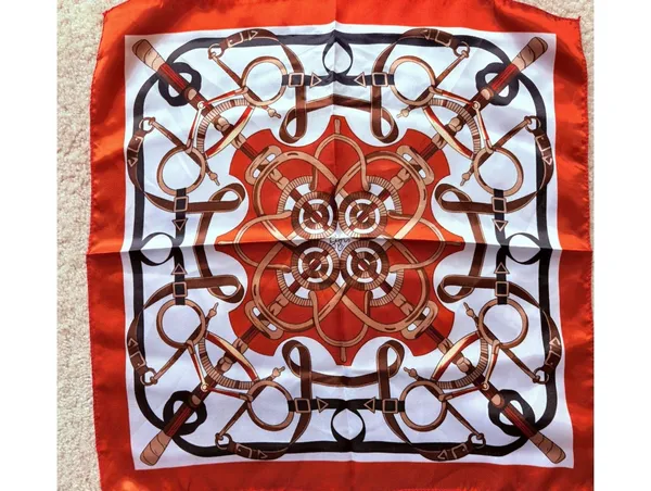 Women's Square Scarf Satin Equestrian Print Logo Orange White Brown - Image 5