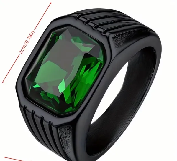 & Other Stories Men’s Wide Black Band with Ridges with Green Gemstone Size 10 - Image 2