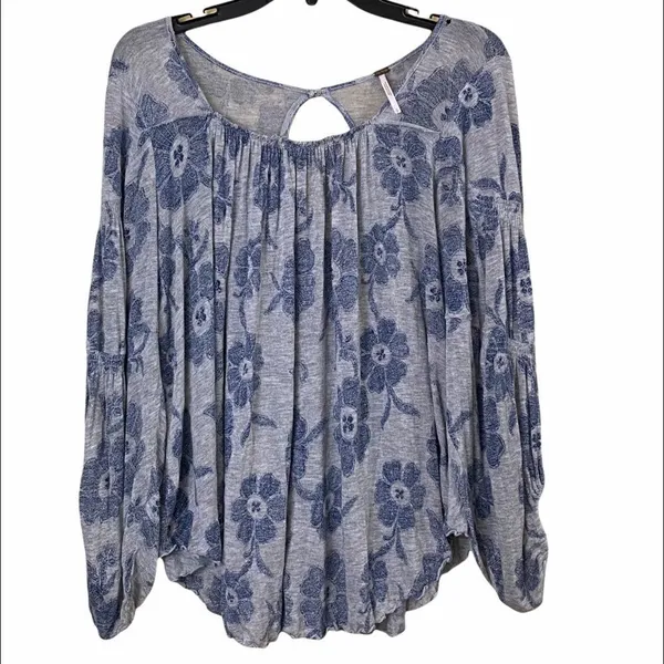 Free People Blue Grey Floral Boho Peasant Top - Image 2