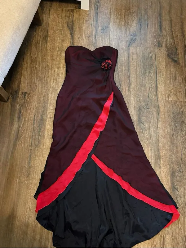 Vintage Cache Black Red Silk Strapless Tulip Hem Floral Beaded Accent Dress Sz10 - Image 5