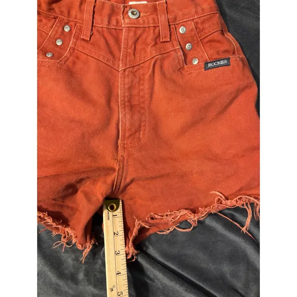 Vintage Rockies High Waisted Western Denim Shorts Burnt Orange Rust Raw Hem 24 - Image 2