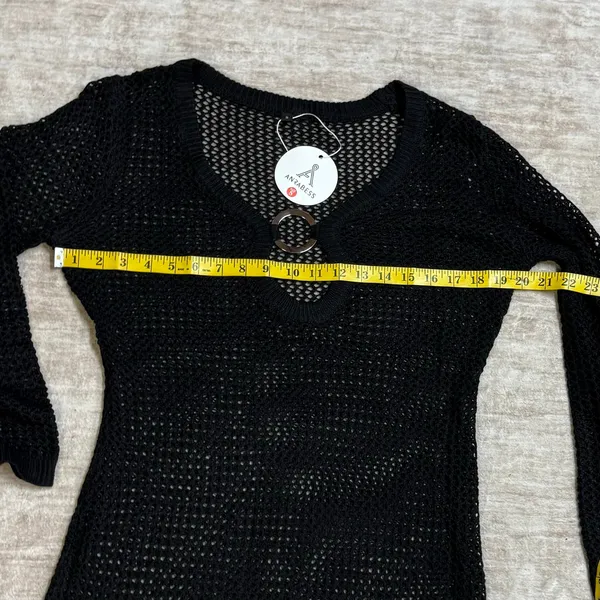Anrabess Women’s Small Black Crochet Swimsuit Coverup Dress Long Sleeve Plunging - Image 2