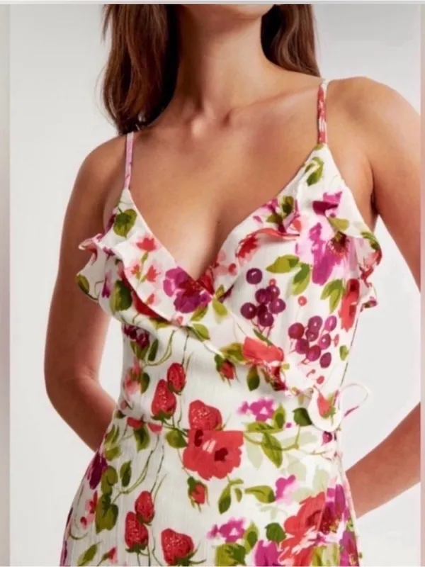 Abercrombie & Fitch Floral & Strawberry Ruffle High Low Dress XXS Tall NWOT - Image 3