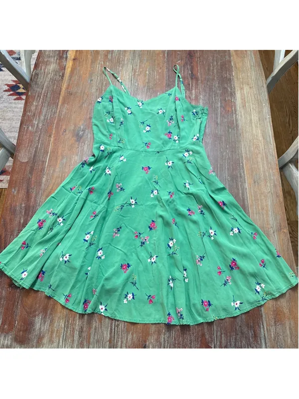 Old Navy Green Floral Fit & Flare Cami Dress Mini Smocked Back Size Large - Image 12