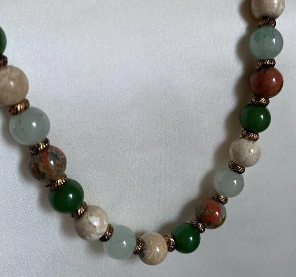 Long Mixed Jasper Agate Stone Bead Strand Necklace with Etched Copper Spacers - Image 6