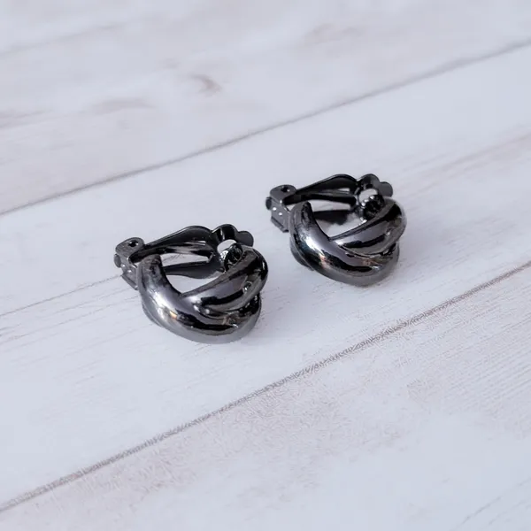 Vintage Clip On Earrings Dark Grey Twisted Chunky Hoops - Image 6