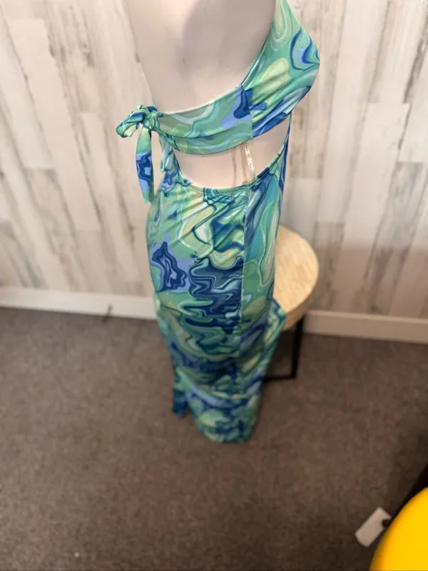 Haute Monde Cutout Maxi Dress Womens Small Blue Green Swirl O-Ring Halter Neck - Image 7