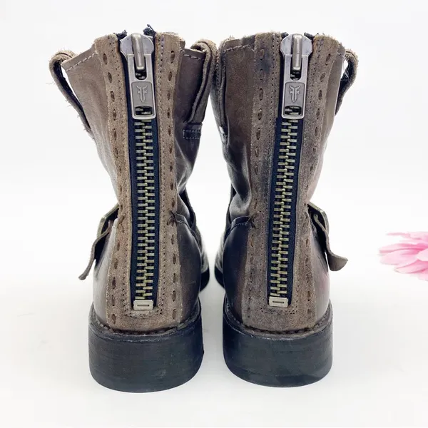 Frye Vicky Artisan Back Zip Leather Ankle Buckle Boots: Charcoal Taupe Grey - Image 6
