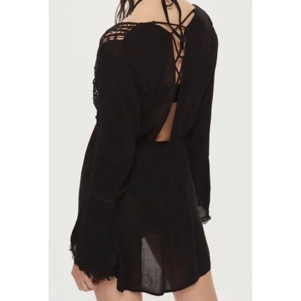 Topshop Black Crochet Lace Up Back Bell‎ Sleeve Beach Cover Up Dress US 6 - Image 2