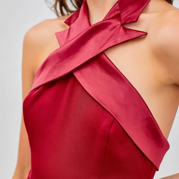 Crossing tailored neck line open back mini dress with slit Large - Image 3
