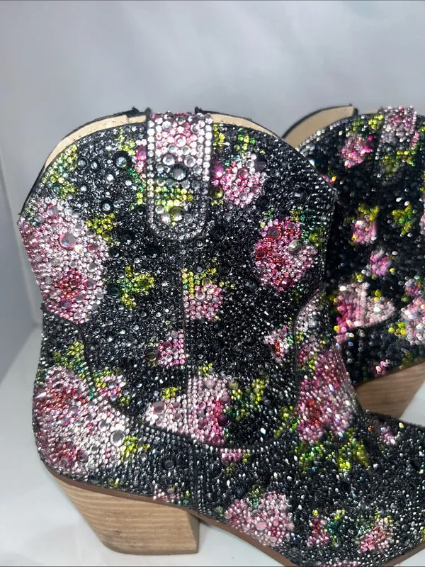 Betsey Johnson Diva Black Crystal Floral Ankle Cowboy Boots Size 6M - Image 9