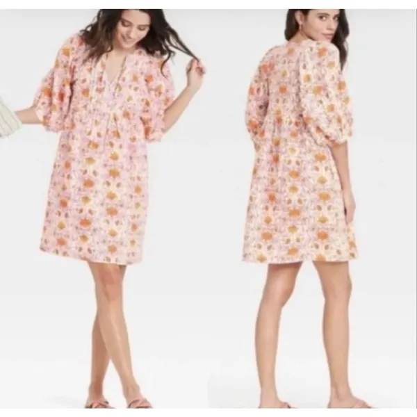 Universal Thread orange pink bohemian floral puff sleeve dress xs - Image 2