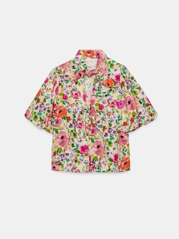 Zara Floral Tie-Front Puff Sleeve Top - Pink, Orange, Green - Image 2