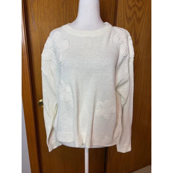 Pinch Cream Crochet Floral Applique Knit Sweater Medium Ivory Pullover Boho - Image 2