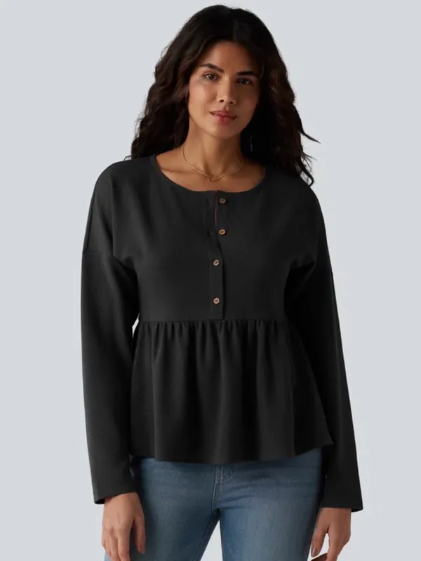 NWT Halara Henley Long Sleeve Waffle Casual Babydoll Top sz M - Image 5