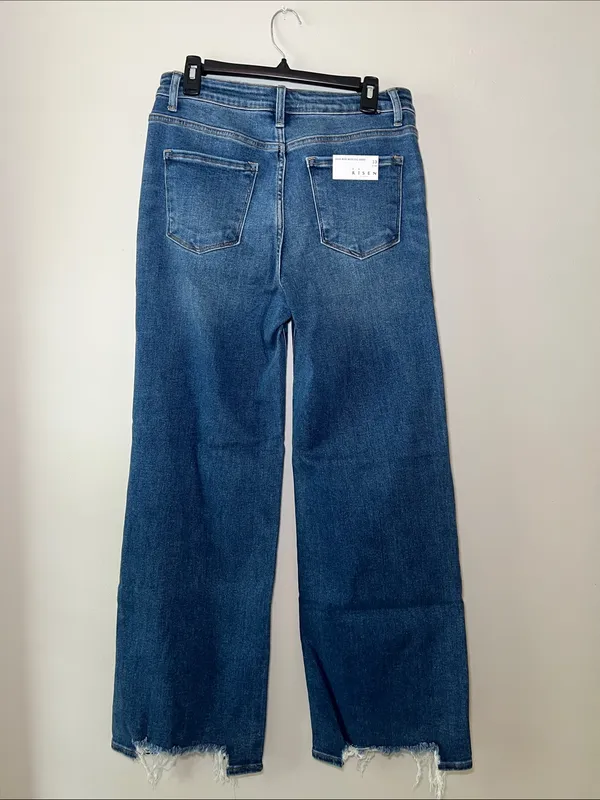 Risen Jeans High Rise Wide Leg Distressed Hem Blue Denim Jeans - Image 3