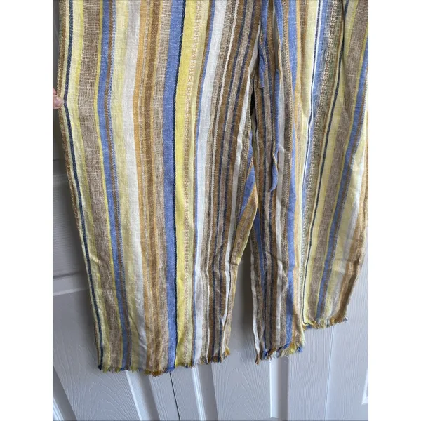 DREW Anthropologie Medium Lemon Cole Linen Yellow Striped Jumpsuit Raw Hem‎ - Image 4