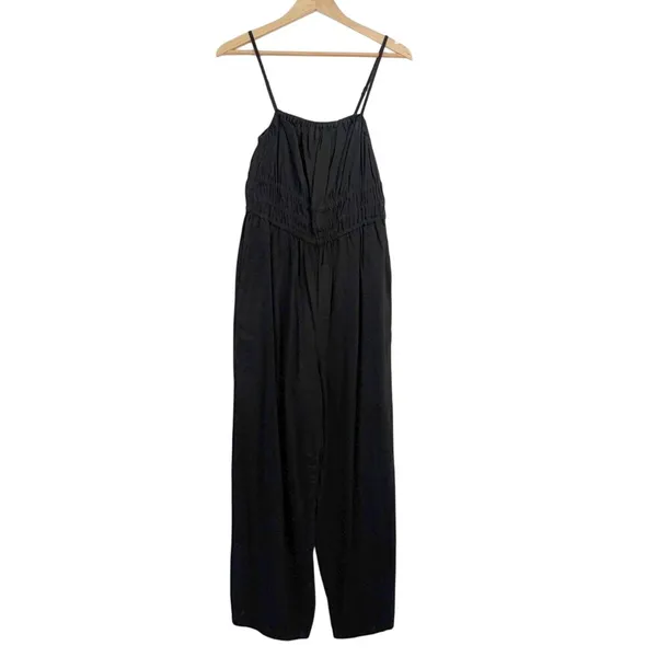 Old Navy Linen Blend Jumpsuit Medium Minimalist Smocked Wide‎ Leg Ankle Black - Image 2