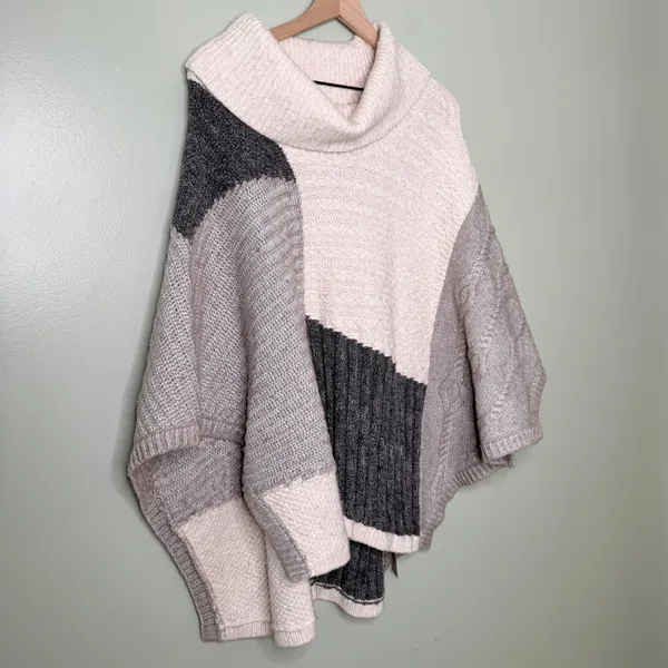 White House Black Market Wool Cowl Neck Patchwork Poncho Sweater Grey Medium - Image 6