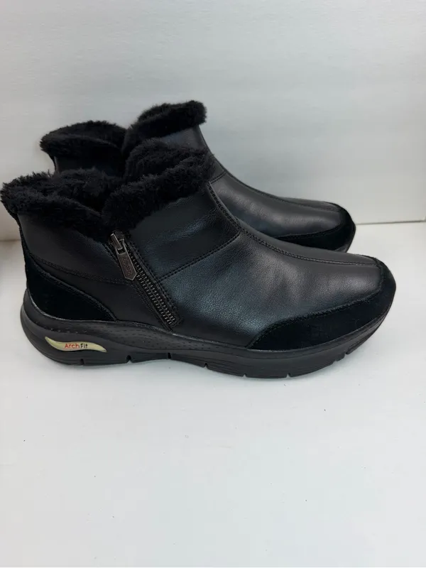 Skechers Arch Fit Women’s 11 Black Leather Faux Fur Ankle Boots Zip Comfort - Image 14