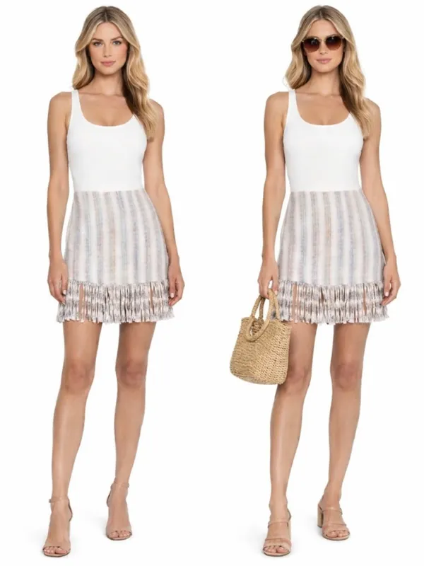 Alexis Vichy Silk Blend Fringe Mini Skirt Neutral Stripe Resort Vacation Size S - Image 15