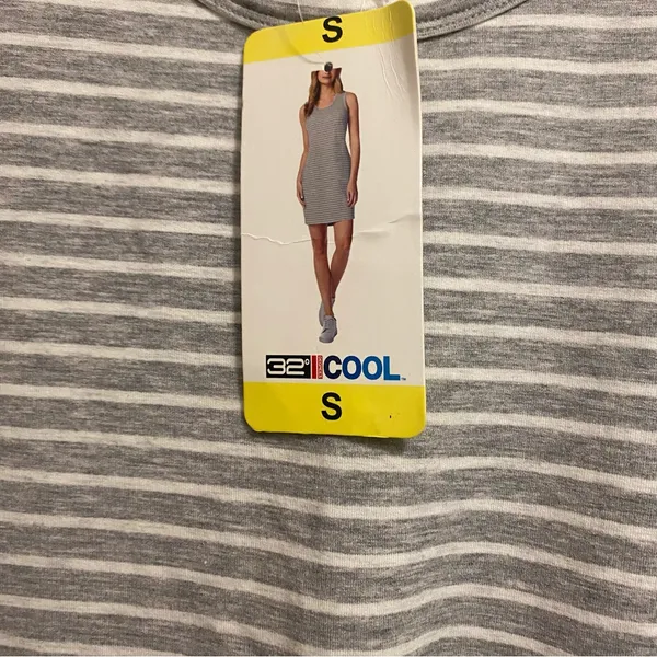 32 Degrees Cool Womens Mini Tank Dress S Small 36” Gray White Stripes NWT New - Image 3