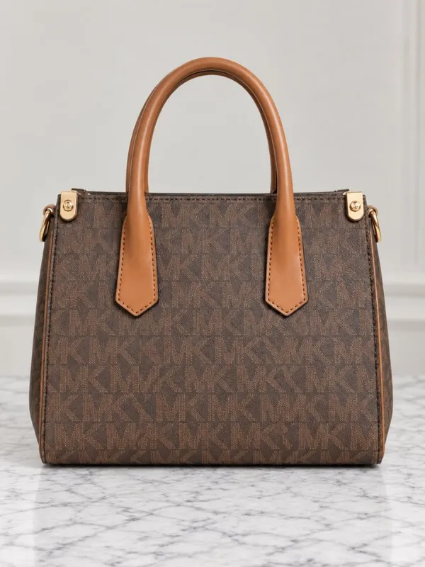 Michael Kors Signature Stripe Satchel Brown Gold Charm NWT - Image 5